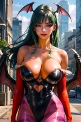 ai_generated bangs bare_shoulders bat bat_wings beautiful_females bridal_gauntlets buildings capcom city_background cityscape clouds darkstalkers daytime demon divine_beauty dream female fighting_game goth green_hair happy heart_symbol intruder large_breasts lipstick looking_pleasured morrigan_aensland off_shoulder perfect_body red_lipstick sexy smiling_at_viewer succubus thick_thighs toongenai video_game video_game_character video_games voluptuous voluptuous_female wings