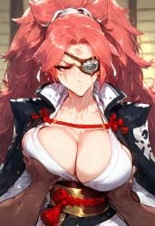 1boy 1boy1girl 1girls ai_generated amputated_arm areola baiken big_ass big_breasts blush blushing breasts_out curvy dark-skinned_male eye_patch grabbing grabbing_breasts guilty_gear guilty_gear_strive hand_on_hip interracial large_breasts light-skinned_female light_skin looking_at_viewer mature_female nipples pov red_eyes red_hair scar serious sogo tattoo thick_thighs voluptuous voluptuous_female wide_hips