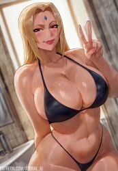 amiral_ai bathroom black_bikini blonde_hair huge_breasts long_hair looking_at_viewer massive_breasts naruto naruto_shippuden orange_eyes peace_sign smirk smirking_at_viewer standing thicc_thighs tsunade voluptuous