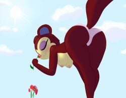 animal_crossing anthro ass bent_over big_breasts bit-small breasts clothed clothing female mammal nintendo nipples panties pecan_(animal_crossing) rodent sciurid solo topless tree_squirrel underwear wide_hips