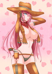 blue_eyes busty cowboy_hat cowgirl cowgirl_(western) firearm gun handgun headphones large_breasts pink_hair revolver weapon