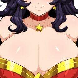 1girls ai_generated alternate_breast_size amazon amazonian big_breasts breast_focus breasts chest close-up dc dc_comics female huge_breasts large_breasts mullon novelai smile solo superheroine wonder_woman wonder_woman_(series)