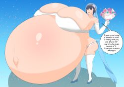 2019 ass blue_eyes blue_hair bouquet bra breasts_bigger_than_head breasts_bigger_than_torso elbow_gloves english_text flower flower_in_hair gigantic_belly gigantic_breasts hyper hyper_belly hyper_breasts hyper_pregnancy looking_at_viewer panties pregnant pregnant_female round_belly senran_kagura skindentation speech_bubble standing text thick_thighs thighhighs thighs timaeus veil wedding_lingerie white_bra yozakura_(senran_kagura)