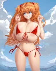 1girls alternate_breast_size areolae asuka_langley_sohryu bikini bikini_top_lift blue_eyes breasts female female_only huge_breasts lifted_by_self long_hair micro_bikini mystical naughty_face navel neon_genesis_evangelion nipples outdoors plantpenetrator smile solo solo_female teasing