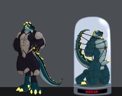 2016 abs anthro ball_gag balls biceps bondage bound claws clothed clothing collar dinosaur erection gag gagged glowing hekar humanoid_penis male male_only muscular nude pecs penis reptile scales scalie simple_background teeth