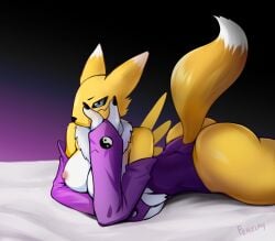 absurd_res anthro areola bandai_namco bed big_breasts bodily_fluids breasts canid canine clothing digimon digimon_(species) female ferelay fur furniture hi_res lying mammal mature_female medium_breasts nipples on_front pink_areola pink_nipples renamon risl_zxc simple_background solo sweat