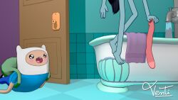 1boy 1girl 3d adventure_time amazed barefoot canonical_scene cartoon_network female finn_the_human implied_nudity male marceline out_of_frame surprised tagme undressing vampire vampire_girl