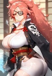 1girls ai_generated amputated_arm areola baiken big_ass big_breasts blush blushing breasts_out curvy eye_patch guilty_gear guilty_gear_strive hand_on_hip large_breasts light-skinned_female light_skin looking_at_viewer mature_female nipples red_eyes red_hair scar serious sogo solo tattoo thick_thighs voluptuous voluptuous_female wide_hips