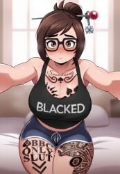 1girls ai_generated blacked blacked_clothing bnwo interracial light-skinned_female light_skin mei_(overwatch) overwatch queen_of_spades snowbunny tattoo third third-party_edit yasuhikonsfw