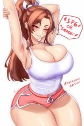 1girls alternate_costume anisdrawn ass big_ass big_breasts big_thighs blush breasts brown_eyes brown_hair butt casual casual_clothes dialogue female gigantic_ass gigantic_breasts gigantic_thighs heart huge_ass huge_breasts huge_thighs king_of_fighters licking licking_penis light-skinned_female light_skin looking_at_viewer mai_shiranui ponytail shorts tagme tank_top text thick thick_thighs thighs