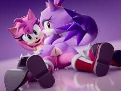 3d_(artwork) amy_rose anthro ass blaze_the_cat breasts clothing digital_media_(artwork) domestic_cat duo eulipotyphlan felid feline felis female female/female footwear fur ganondork genitals gloves green_eyes handwear hedgehog hi_res mammal nipples nude open_mouth pink_body pink_fur purple_body purple_fur pussy rotalice2 sega sex simple_background sonic_the_hedgehog_(series) tail yellow_eyes