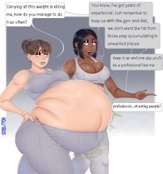 2girls after_vore after_workout ass big_ass big_belly big_breasts big_butt black_hair black_lipstick breasts brown_hair bubble_butt casual_vore curvaceous curvy curvy_figure dark-skinned_female dark_skin dialogue digested_prey digestion digestion_noises english_text erika_(goblitch) female female_only female_pred goblitch hair_bun hair_ornament hairclip huge_ass huge_breasts lipstick onomatopoeia open_mouth red_eyes sweat sweating sweaty sweaty_body sweaty_breasts tagme talking_to_another text thick_thighs voluptuous voluptuous_female vore vore_belly wide_hips workout_clothes yoga_pants