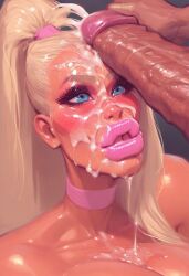 absurdly_large_cock after_oral ai_generated bikini bimbo bimbo_lips blonde_hair blush choker cleavage cum cum_on_breasts facial foreskin head_grab huge_breasts huge_cock huge_cock long_hair makeup penis_on_face pink_lips pobodyznerf ponytail precum semen sweat thick_cum tight_clothing veiny_penis