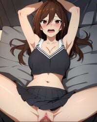 1boy 1girls ai_generated brown_eyes brown_hair cheerleader completely_nude hori_kyouko horimiya long_hair medium_breasts missionary_position open_mouth rape scared sex spread_legs teenage_girl teenager vaginal_penetration