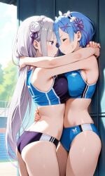 ai_generated angry angry_face blue_hair breast_press breasts breasts_pressed_against_partner bun_huggers catfight emilia_(re:zero) eye_to_eye lesbian_competitive_intercourse re:zero_kara_hajimeru_isekai_seikatsu rem_(re:zero) silver_hair sports_bra sports_shorts sports_uniform staredown yuri