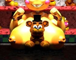 1girls 3d 3d_(artwork) areolae big_breasts breasts_focus breasts_on_table breasts_out douod female five_nights_at_freddy's fnaf freddy_(fnaf) nipple_piercing smiling tagme toy_chica_(fnaf)