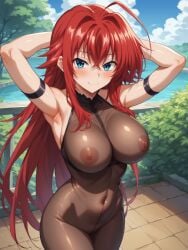 1girls ai_assisted ai_generated armpits ass bed bedroom body_stocking body_suit bodystocking bodysuit devil hands_behind_head hard_nipples high_school_dxd pantyhose rias_gremory shiny smile thick_ass thick_thighs thighs