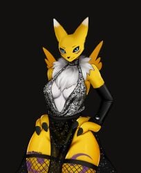 2022 absurd_res anthro armwear bandai_namco black_background blue_eyes breasts bridal_gauntlets canid canine chest_tuft cleavage clothed clothing countershading digimon digimon_(species) digital_media_(artwork) dress elegant female ferelay fishnet_clothing fishnet_legwear fur glamorous glistening glistening_clothing hands_on_hips hi_res legwear looking_at_viewer mammal mature_female pelvic_curtain pinup plunging_neckline pose renamon risl_zxc simple_background slit_dress smile solo standing thong translucent translucent_clothing translucent_dress tuft underwear yellow_body yellow_fur yin_yang