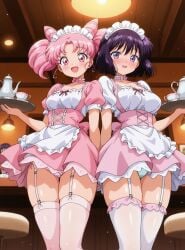 2girls aged_up ai_generated bishoujo_senshi_sailor_moon chibi_usa female garter_straps hotaru_tomoe maid_apron maid_headdress maid_outfit maid_uniform pink_hair sailor_chibi_moon sailor_saturn serving_tray smiling_at_viewer steak_ai stockings tea_cup teapot