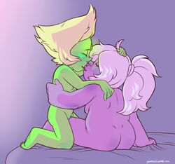 2girls amethyst_(steven_universe) ass biting_lip breasts cartoon_network closed_eyes female female_only gem_(species) green_skin grinding kissing multiple_girls nude peridot_(steven_universe) purple_skin pussy steven_universe yuri