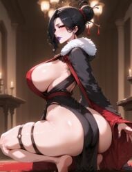 1girls ai_generated big_breasts dark_hair final_fantasy final_fantasy_x kneeling lewdwaifulaifu looking_at_viewer looking_back lulu_(final_fantasy) red_eyes