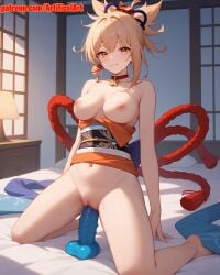 1girls ai_generated artifical_art blonde_female blonde_hair breasts clitoris dildo dildo_in_pussy genshin_impact girl hair_ornament masturbation medium_hair nipples orange_eyes perfect_body pussy pussy_juice red_choker riding riding_dildo sex_toy solo spread_legs yoimiya_(genshin_impact)