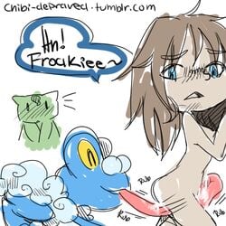 1girls ambiguous_gender amphibian chibi-depraved cum cum_on_tongue cunnilingus female froakie frog human interspecies mammal nintendo oral pokemon sex text tongue vaginal_penetration video_games