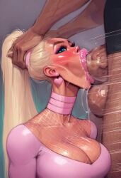 absurdly_large_cock ai_generated balls_deep bikini bimbo bimbo_lips blonde_hair blowjob blush choker cleavage deepthroat fellatio fishnets foreskin head_grab huge_breasts huge_cock irrumatio long_hair makeup motion_lines oral pink_lips pobodyznerf ponytail precum throat_fuck throat_goat tight_clothing veiny_penis