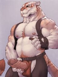 1boy anthro balls biceps big_muscles body_hair chest_hair cigar clothing erection feline forge_(artist) fur hair humanoid_penis looking_at_viewer male male_only mammal manly musclegut muscular muscular_male nipples pecs penis retracted_foreskin simple_background smile smoking solo standing tiger uncut