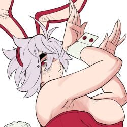 1girl 1girls aunt aunt_hellen_(insouwu) big_breasts blush blushing boobs breasts bunny bunny_costume bunny_ear bunny_ears bunny_girl bunny_tail bunnygirl bunnysuit dyed-hair dyed_hair eyebags hag insouwu massive_breasts mature mature_female milf oc original_character red_eyes short_hair text text_bubble tomboy tomboy_milf white_body white_hair white_skin