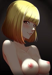 1girls bare_shoulders blonde_hair blush breasts koyaya large_breasts lipstick looking_at_viewer midorikawa_hana nipples nude orange_hair prison_school short_hair solo