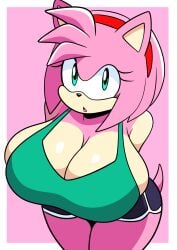 1female 1girl 1girls amy_rose anthro big_boobs big_breasts big_tits boobs bra breasts_out dolphin_shorts fat_breasts female female_anthro female_only furry_female furry_funnychan green_bra green_eyes green_eyes_female hedgehog_girl huge_boobs huge_breasts huge_tits looking_at_viewer mobian mobian_(species) pink_background pink_hair sega shorts simple_background solo solo_female sonic_(series) sonic_the_hedgehog_(series) sports_bra tits twitter white_background