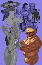 bikini bodybuilder bottomless bra breasts bulge crom crop_top flexing gloves group kneeling male mario_(series) muscular muscular_female nintendo pose pubic_hair small_breasts thong wario wario_(series)