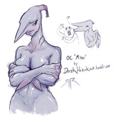 anthro breasts cleavage closed_eyes clothed clothing crossed_arms english_text female fish gills goblin_shark heart human kissing lips long_nose male mammal marine mitsu_(derek_hetrick) nude pussy shark sirartwork text