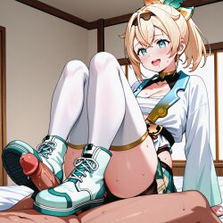 ai_generated blonde_hair blue_eyes female hololive hololive_japan holox kazama_iroha medium_breasts penis saliva samurai shoejob stockings sweat virtual_youtuber white_stockings