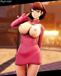 1girls 3d atlus big_breasts breasts brown_eyes brown_hair clothed clothing detailed_background exhibitionism female huge_breasts looking_at_viewer nipples persona persona_3 persona_3_fes persona_3_reload rynxler sweater yukari_takeba