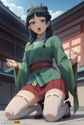 , 1girls ai_generated architecture black_hair blue_eyes blunt_bangs breasts chinese_clothes day east_asian_architecture full_body green_hair hair_ornament hanfu hi_res japanese_clothes kneeling kusuriya_no_hitorigoto long_hair long_sleeves looking_at_viewer maomao_(kusuriya_no_hitorigoto) miniskirt obi open_mouth outdoors pleated_skirt red_skirt rule34lab sash skirt sky solo the_apothecary_diaries thighhighs tongue tongue_out twintails white_thighhighs wide_sleeves zettai_ryouiki