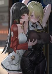 2girls astra_yao blush breast_grab busty evelyn_chevalier female female_only groping groping_breasts yuri yuri zenless_zone_zero