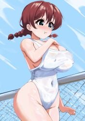 :t arm_at_side bare_arms blue_eyes blue_sky blush braid breasts brown_hair chain-link_fence cleavage closed_mouth covered_erect_nipples covered_navel day emma_verde fence hair_between_eyes highres large_breasts love_live! love_live!_nijigasaki_high_school_idol_club one-piece_swimsuit outdoors pisagi pout sideboob sky swimsuit twin_braids wet white_one-piece_swimsuit