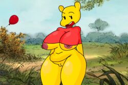 background bear big_breasts detnox disney field genderswap grass nipple_slip nipples no_panties no_pants pooh_bear public_domain pussy red_balloon red_shirt rule_63 small_shirt straight_hair tagme thick_thighs winnie_the_pooh_(franchise) yellow_skin