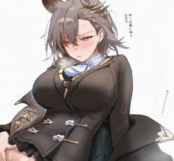 1girl absurdres animal_ears arknights ascot blush breasts brown_eyes brown_hair collared_shirt commentary_request earrings film_grain hair_behind_ear hair_between_eyes hair_ornament highres implied_fingering implied_masturbation jewelry lapels large_breasts looking_down penance_(arknights) pussy_juice pussy_juice_on_fingers shirt solo stud_earrings sweat translation_request uof white_ascot white_background