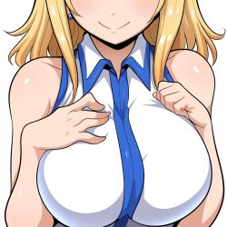 1girls ai_generated alternate_breast_size big_breasts blonde_hair breast_focus breasts chest close-up fairy_tail female huge_breasts large_breasts lucy_heartfilia mullon novelai shirt smile solo