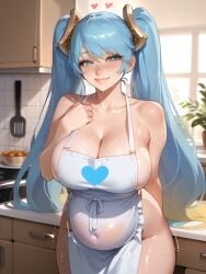 11_22 1girls ai_generated apron bare_shoulders blue_eyes blue_hair blush cleavage embarrassed half-closed_eyes hand_on_own_chest heart heart huge_breasts kitchen large_breasts league_of_legends league_of_legends:_wild_rift long_hair looking_at_viewer motion_lines naked_apron nervous_smile pale_skin pregnant smile sona_buvelle sweat twintails