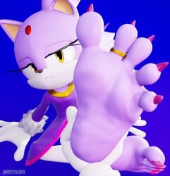 3d_(artwork) absurd_res anthro blaze_the_cat claws digit_ring digital_media_(artwork) embarrassed feet felid feline female foot_fetish footsie hi_res humanoid_feet jewelry mammal nouvaera paws plantigrade ring sega solo sonic_(series) sonic_the_hedgehog_(series) toe_ring toes