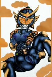 1girls armor armored_female belt blue_areola blue_bodysuit blue_nipples blue_pussy bodysuit breasts breasts_out censor_bar censored censored_pussy cloud clouds cloudscape erect_nipples female female_focus female_only genderswap_(mtf) hand_on_breast hand_on_own_breast helmet kamen_rider kamen_rider_gaim kamen_rider_gaim_(series) legs_apart legs_spread mask masked masked_female nipples orange_(fruit) orange_armor orange_eyes presenting presenting_pussy puffy_nipples pussy pussy_out rule_63 solo spread_legs touching_own_breast unzipped zipper