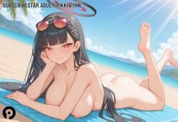 ai_generated ass bangs barefoot beach black_hair blue_archive blue_sky blunt_bangs blush breasts bright_pupils closed_mouth cloud collarbone completely_nude day eyewear_on_head feet female female_only full_body hair_ornament hairclip halo hand_on_own_cheek hand_on_own_face head_rest horizon large_breasts legs_up long_hair looking_at_viewer lying nipples nude ocean on_stomach outdoors pikkiwynn red-tinted_eyewear red_eyes rio_(blue_archive) sky smile soles solo sunglasses the_pose tinted_eyewear toes towel very_long_hair
