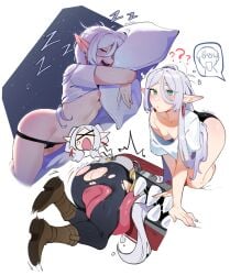 ? ?? all_fours black_panties black_pants boots breasts collarbone commentary earrings elf english_commentary frieren green_eyes hugging_object jewelry long_hair loose_clothes loose_shirt lying messy_hair mimic mimic_chest multiple_views naked_shirt on_side panties pants pillow pillow_hug pointy_ears shirt sidelocks sleeping small_breasts sousou_no_frieren tongue torn_clothes underwear white_hair white_shirt zambiie zzz