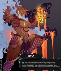 abstract_background absurd_res anthro arm_tattoo athletic athletic_anthro athletic_male bat bodypaint bottomwear brown_body brown_fur cel_shading clothing dialogue elemental_creature english_text felid fur glowing glowing_eyes glowing_mouth gold_(metal) gold_jewelry hades_(game) hand_print hi_res hybrid jewelry lava lava_creature leg_tattoo lion loincloth magic male mammal mineral_fauna monster necklace pantherine powers rock shaded shoulder_tattoo smoke smoke_from_mouth solo talking_to_viewer tattoo text tribal user_interface viola_bat viola_bat_(character) warm_colors