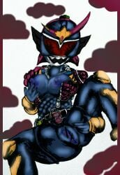 1girls armor armored_female belt blood_orange blue_areola blue_bodysuit blue_nipples blue_pussy bodysuit breasts breasts_out censor_bar censored censored_pussy cloud clouds cloudscape erect_nipples female female_focus female_only genderswap_(mtf) hand_on_breast hand_on_own_breast helmet kamen_rider kamen_rider_bujin_gaim kamen_rider_gaim_(series) legs_apart legs_spread mask masked masked_female nipples open_mouth orange_(fruit) presenting presenting_pussy puffy_nipples pussy pussy_out red_armor red_eyes rule_63 sharp_teeth solo spread_legs touching_own_breast unzipped zipper