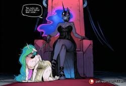 2girls ai_generated all_fours animal_ears bare_shoulders black_dress breasts chain_leash chains cleavage collar colored_skin crossed_legs dress english_text glowing_horns green_hair grey_skin grin high_heels holding horns large_breasts leash long_hair multicolored_hair multiple_girls my_little_pony nightmare_moon_(mlp) patreon_logo patreon_username personification princess_celestia_(mlp) purple_skin single_horn sitting smile speech_bubble teeth throne tillian unicorn very_long_hair